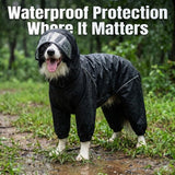 Dog Raincoat for Medium Large Dogs,rain Jacket Coat, Full Leg Coverage Waterproof Rain Suit with Detachable Hood & Tail, Reflective Strips, Snag-Free Top Zipper (Black for Boy, X-Large)