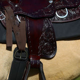 Schneiders Double S Open Range Saddle | Beautiful Floral Tooling | Lightweight Fiberglass Tree | Padded Seat | Silver-Plated Details | Semi Bar | Color Dark Oil | Size 15"