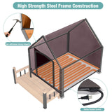 Insulated Dog House with Heating Pad, Weatherproof Outdoor Kennel for Large Dogs, Chew-Resistant Iron Frame & Asphalt Roof (Wood-H, XL)