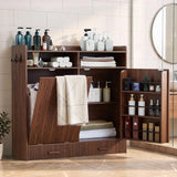 Tilt-Out Trash Can Cabinet with Storage, Dog Feeding Station, Dark Walnut