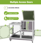 GUTINNEEN Duplex Rabbit Hutch Indoor with Chew-Proof Frame & 2 Leak-Proof Sliding Trays, Rain Cover, Wooden Guinea Pig Cages with Wheels - Grey