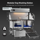 POLIMO Dog Washing Station with Built-in Pet Dryer and LED Display 50" (Right Ramp), 304 Stainless Steel Dog Bathtub for Large Medium Small Dogs, Wash and Dry Grooming Tub with Faucet, Storage Drawer