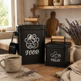 Bopulatrix Dog Treat Container Airtight Set of 2-5.9x5.9x7.9 & 4.7x4.7x4.7 inch Iron Dog Treat Jars, 26 Cup Capacity, Food Grade Epoxy Coated, with Scoops, Black