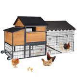 MEDEHOO 85.6" Chicken Coop with Wheels and Large Run, Heavy Duty Metal Frame Wooden Hen House for 4-6 Chickens, Mobile Poultry Cage with 3 Nesting Boxes, Waterproof Asphalt Roof & Anti-Predator Locks