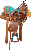 LEATHERRIDE Western Leather Barrel Saddle Floral Embossed Tooled Trail Rodeo Horse Saddle with Matching Headstall, Reins and Breast Collar (14inch)