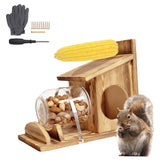 Wooden Squirrel Feeder, Outdoor Squirrel House, Wooden Chipmunk Feeder for Corn and Peanuts, for Outdoor Garden Squirrel Feeder with Removable Storage Bottle