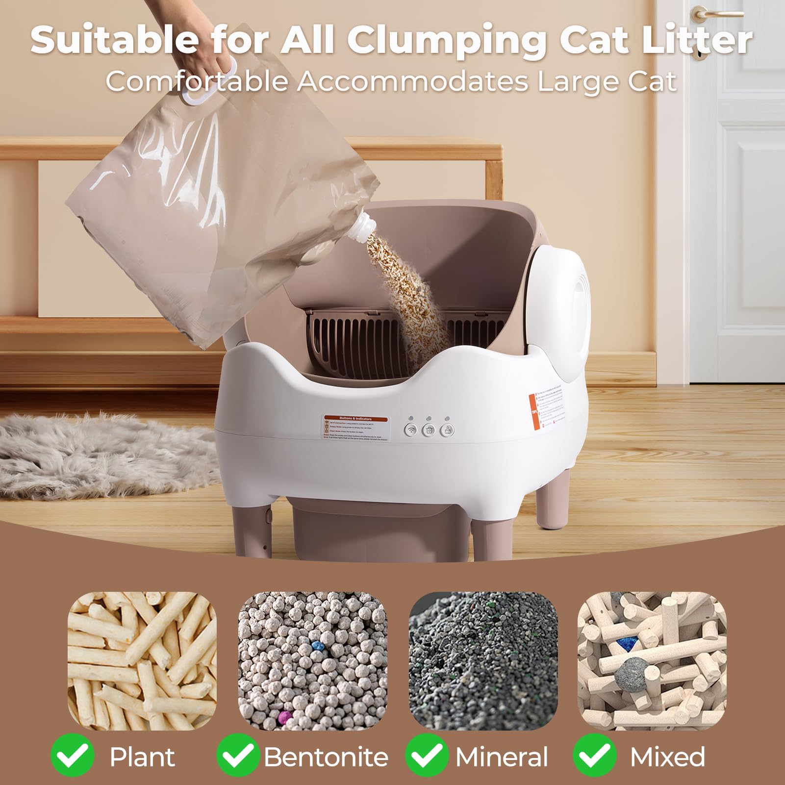 KITPLUS Self Cleaning Litter Box, Automatic Cat Litter Box with APP Control, Odor-Free Waste Disposal Includes Trash Bags, Large Waste Bin, Open-Top