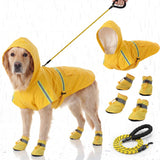 Klyyo Clyro 3 Pcs Dog Raincoat Shoes and Leash Set with Reflective Strip Yellow Adjustable Waterproof Rain Jacket Coat Poncho Hoodies for Small Medium Dogs Pets Walking