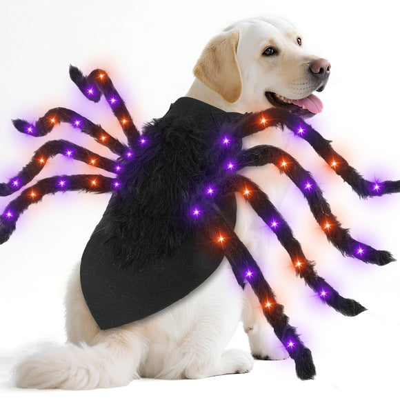 Camlinbo 24 LED Spider Dog Halloween Costume for Small Medium Large Dogs, Furry Giant Spider with Orange Purple Lights Puppy Pet Costume Outfits Clothes Funny Halloween Costume Party Cosplay