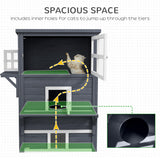 PawHut 3-Story Cat House Feral Cat Shelter, Outdoor Kitten Condo with Raised Floor, Asphalt Roof, Escape Doors, Jumping Platforms, Dark Gray