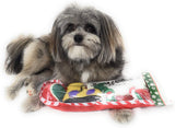 Christmas Stocking for Dogs. Squeaky newspaper / boot toy, a red, green and white tennis ball and a red, white and green cotton knotted rope.