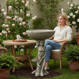 SunJet 25” High x 17” Diameter Outdoor Bird Bath with Goddess Pedestal Design - Fibre Reinforced Concrete Birdbaths for Garden, Patio, Yard, Lawn Décor