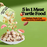 Qiliwiki Turtle Food, 5 in 1 Meat Turtle Treats - Natural Freeze-Dried Chicken & Duck & Cod & Chicken Liver & Grasshopper - Human-Grade Real Meat - High Protein, 3oz