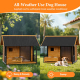 HomeSheek Dog House with Dog Bowls Stand, Large Outdoor Dog House Kennel, Easy to Install, Design with Weatherproof Roof and All-Around Iron Frame for Outside Small Medium Large Breed Dogs(Brown)