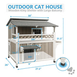 Gowoodhut Feral Cat Shelter Outdoor Weatherproof Houses for Cats Two Story Wooden Cat House Outside Feral Cat House with Balcony Waterproof, Escape Doors