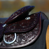 Schneiders Double S Open Range Saddle | Beautiful Floral Tooling | Lightweight Fiberglass Tree | Padded Seat | Silver-Plated Details | Semi Bar | Color Dark Oil | Size 15"