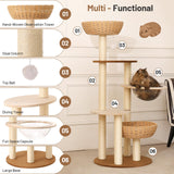 BUMUBI Rattan Cat Climbing Tower Condo with Scratching Post,Capsule,Basket,and Bed Modern Heavy Duty Cat Tree for Indoor Cat Large Adult