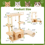 Regmuse 45 Inch Solid Wood Cat Tree, Modern Cat Tower for Indoor Cats, Cat Condo with Single Tunnel, Sisal Scratching Posts, High Perch Platform, Washable Cushion, Hanging Balls, Natural