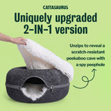 CATTASAURUS Peekaboo Cat Cave for Multiple & Large Cats Up to 30-45 Lbs, Fluffy Cat Beds for Indoor Cats, Scratch Detachable & Washable Tunnel Bed, Comfy Donut Cave (Dark Gray, Large (Calming))