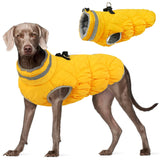 FUAMEY Dog Coat for Large Dogs,Waterproof Dog Winter Jacket with Harness Built in Puppy Cold Weather Coats Reflective Pet Vest with Zipper Warm Fleece Dogs Snowsuit Windproof Yellow 2XL
