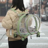 Cat Carrier with Wheels, Breathable Cat Rolling Carrier with Telescopic Handle, Bubble Cat Backpack Carrier, Clear Pet Travel Bag for Small Dogs Pets, up to 19lbs, 15.7" x 10.6" x 17.7" (Green)