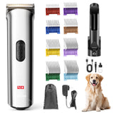 FuzzyFix Professional Dog Grooming Clippers with Charging Dock, 5-in-1 Adjustable Blade Cordless Pet Grooming Kit 5 Speed Rechargeable Trimmer Hair Shaver with Detachable Metal Guide Combs for Animal