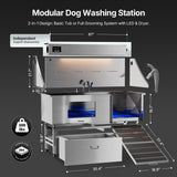 POLIMO Dog Washing Station with Built-in Pet Dryer and LED Display 61" (Right Ramp), 304 Stainless Steel Dog Bathtub for Large Medium Small Dogs, Wash and Dry Grooming Tub with Faucet, Storage Drawer