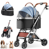 GTPLAYER Pet Stroller for Small Dogs & Cats, 3-in-1 Foldable Pet Stroller with Detachable Carrier, 360° Swivel Front Wheels & Rear Brakes, Up to 45 lbs, Light Blue