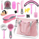 Abbylike 15 Pieces Horse Grooming Kit with Organizer Tote Bag Tack Room Supplies Horse Brush Sets Care Equine Cleaning Kit Shedding Grooming Massaging Tools(Pink and Grey)