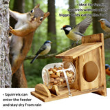 Wooden Squirrel Feeder, Outdoor Squirrel House, Wooden Chipmunk Feeder for Corn and Peanuts, for Outdoor Garden Squirrel Feeder with Removable Storage Bottle
