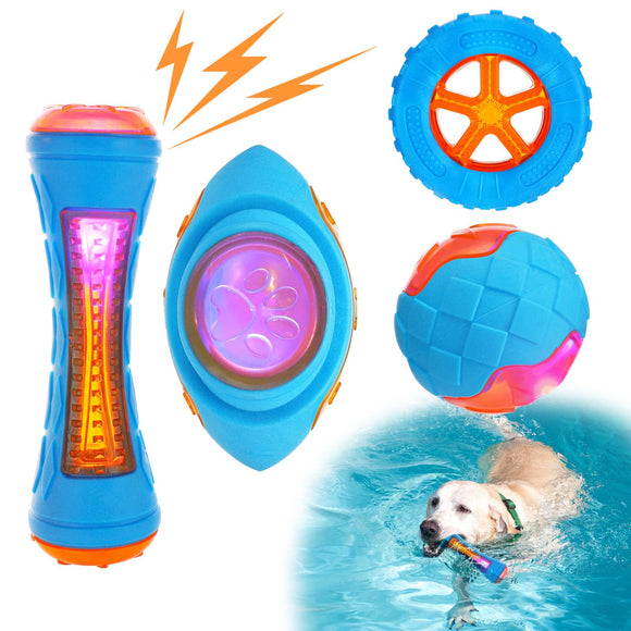 MEWTOGO 4 Pcs Dog Pool Floating Toys - Squeaky & Glowing Dog Water Toys, Safe Durable TPR Interactive Dog Toys for Aggressive Chewers Large Dogs Fetching Playing