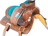 LEATHERRIDE Western Leather Barrel Saddle Floral Embossed Tooled Trail Rodeo Horse Saddle with Matching Headstall, Reins and Breast Collar (14inch)