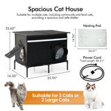 Heated Outdoor cat House for Outside, Weatherproof Insulated Feral Cat Shelter with Timer-Temp Control Heating Pad in Winter, Large Elevated Outdoor Cat House with Zipper, 2 Doors, Safety- Black