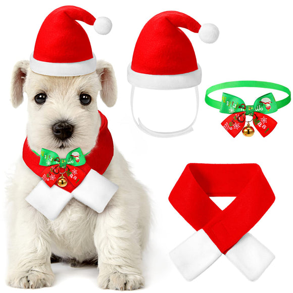 Christmas Dog Santa Hat with Scarf Pet Costume Dog Christmas Outfit Xmas Pet Hat Scarf Bow Tie Collar with Bell Dog Santa Claus Hat Scarf Suit for Cat Dog Puppy Cosplay Xmas Costumes Party Fancy Dress