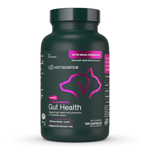 VetriScience Extra Strength Gut Health Easy-Open Capsules, Mega Probiotic and Prebiotic Digestive Supplement for Dogs and Cats, for Diarrhea and Immune Support, 7.5 Billion CFU Per Capsule, 120 Count