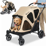 Dog Stroller for Medium Dogs 88lbs with Ramp for Easy Access Foldable Khaki
