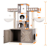 Heybly Cat Tree with Litter Box Enclosure for Indoor Big Cat, Cat Tower for Large Cats 20lbs Heavy Duty, Modern Cat Condo Furniture with Scratching Posts, Rustic Gray HCT110SG