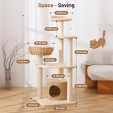 BUMUBI Modern Rattan Cat Tree House Condo Tall Heavy Duty Cat Climbing Tower with Scratching Post,Basket,Bed,and Stand for Indoor Large Adult Cat