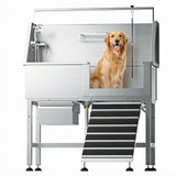 RDCMKL 46" Dog Washing Station, Leak-Proof 304 Stainless Steel Dog Bathtub with Non-Slip Removable Left Ramp & Storage Drawer, Elevated Pet Wash Station for Large Dogs, Garage & Outdoor Use