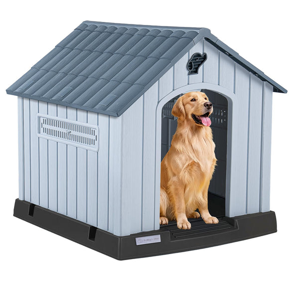 LEMBERI Large Plastic Dog House for Medium Large Dogs, Durable Waterproof Indoor Outdoor Doghouse with Air Vents and Elevated Floor, Easy to Assemble (Gray, 38.7