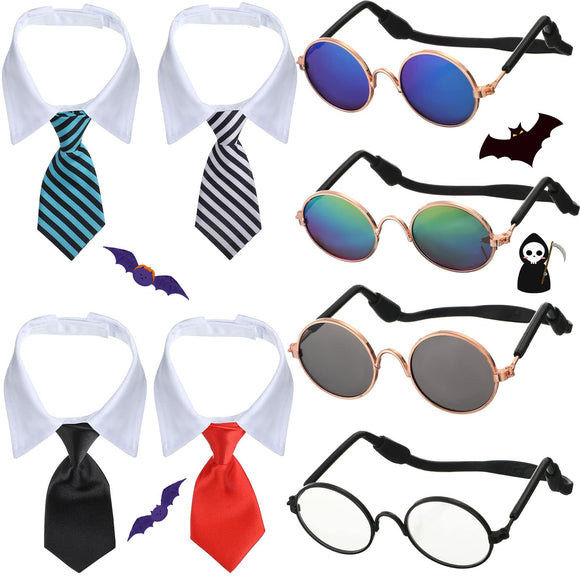 Weewooday 8 Pcs Pet Dog Cat Costume Cat Tie Collar Glasses for Small Dog Round Metal Retro Sunglasses Tie Pet Costume Tuxedo Necktie Collar Puppy Accessories Halloween Cosplay Party(Classic Colors)