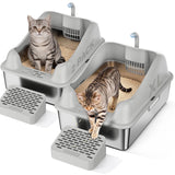 GTPLAYER Stainless Steel Litter Box for Big & Multiple Cats, EasyClean Odor-Resistant Design, High Sided Leak-Proof Litter Box withMat 8 Scoop- Grey 2 Pack