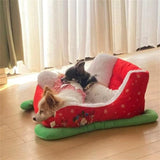 Interesting Red Christmas Cat Dog Bed, Pet Sleigh Bed, Sofa, Indoor and Outdoor Plush Synthetic Fur, Christmas Holiday Themed Pet Bed, Washable and Highly Durable (CC)