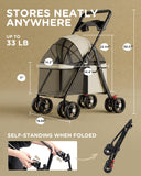 GTPLAYER Foldable Pet Stroller for Small Dogs and Cats, Holds Up to 33 lb, 4-Wheel Stroller with 2 Safety Tethers, Breathable Mesh, Lockable Front Wheels, Cup Holder/Tray & Storage Pocket, Beige