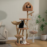 UYMI Modern Cat Tree for Indoor Cats Large Adult, 71" Tall Cat Tower with Solid Wood Scratching Posts, Swing Hammock, Large Platform & Cat Condo, 2 Woven Basket, Boho Luxury Pet Furniture, Brown