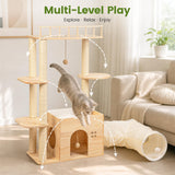Regmuse 45 Inch Solid Wood Cat Tree, Modern Cat Tower for Indoor Cats, Cat Condo with Single Tunnel, Sisal Scratching Posts, High Perch Platform, Washable Cushion, Hanging Balls, Natural