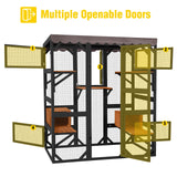 Wooden Catio Outdoor Cat Enclosure — Large Walk-in Kitty Condo with 7 Climbing Platforms, 2 Napping Houses, Expandable Window Panel & Weatherproof Asphalt Roof (Black, Large)
