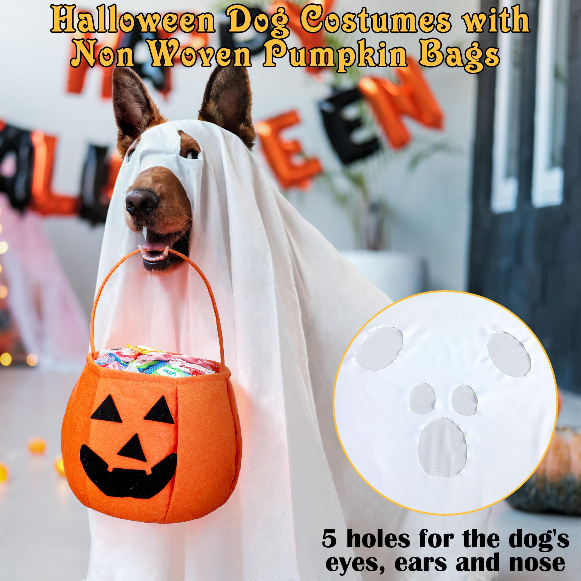 Huhumy 2 Pcs Halloween Dog Costumes with Non Woven Pumpkin Bags White Dog Pawshop