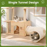 Regmuse 45 Inch Solid Wood Cat Tree, Modern Cat Tower for Indoor Cats, Cat Condo with Single Tunnel, Sisal Scratching Posts, High Perch Platform, Washable Cushion, Hanging Balls, Natural