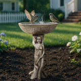 SunJet 25” High x 17” Diameter Outdoor Bird Bath with Goddess Pedestal Design - Fibre Reinforced Concrete Birdbaths for Garden, Patio, Yard, Lawn Décor